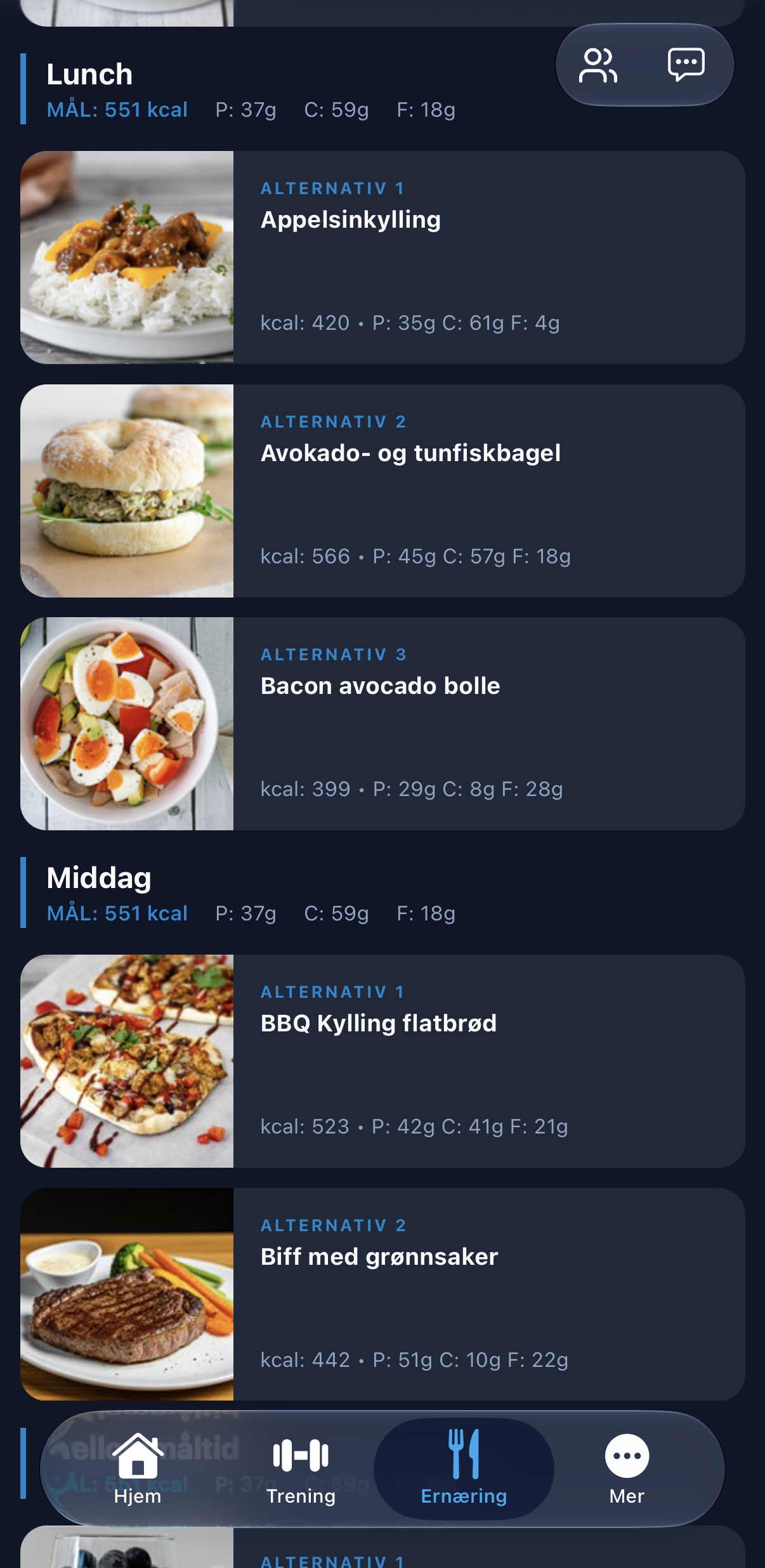 Måltider med alternativer