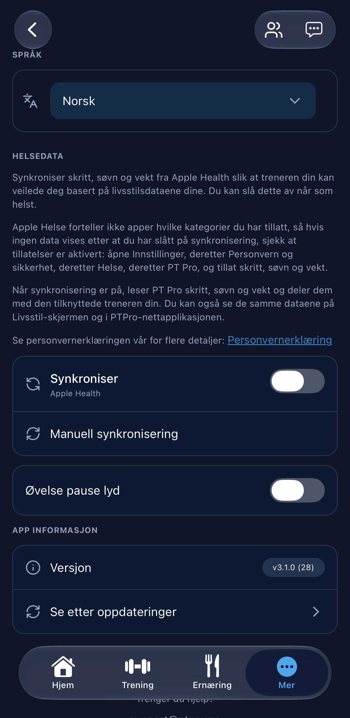 Settings in the app