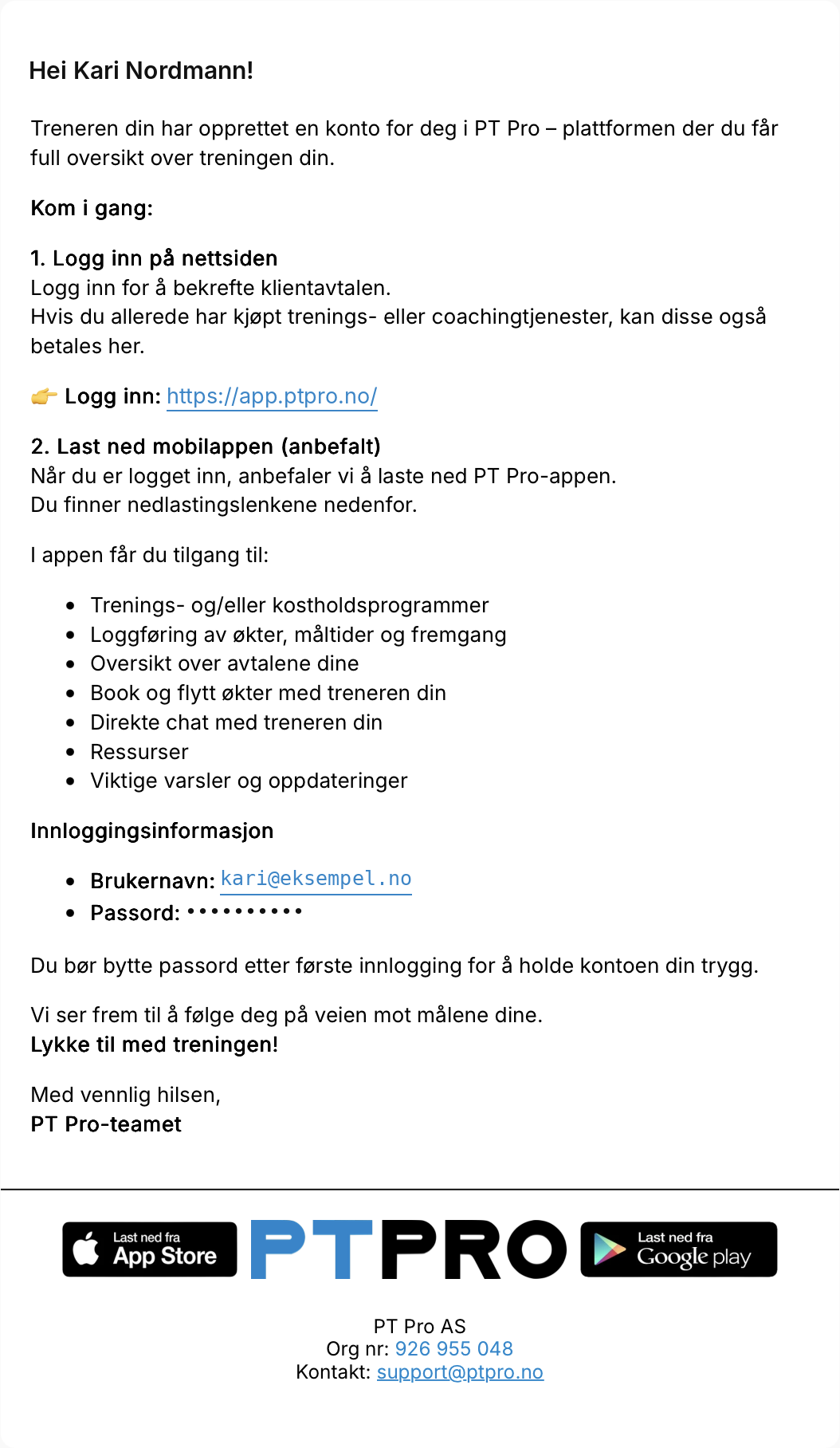 E-posten Ny profil opprettet på PTPro