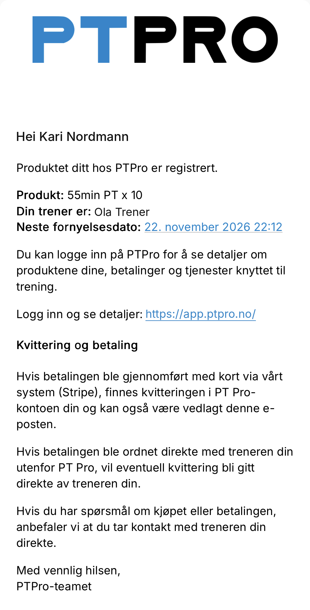 Bekreftelse på registrert produkt