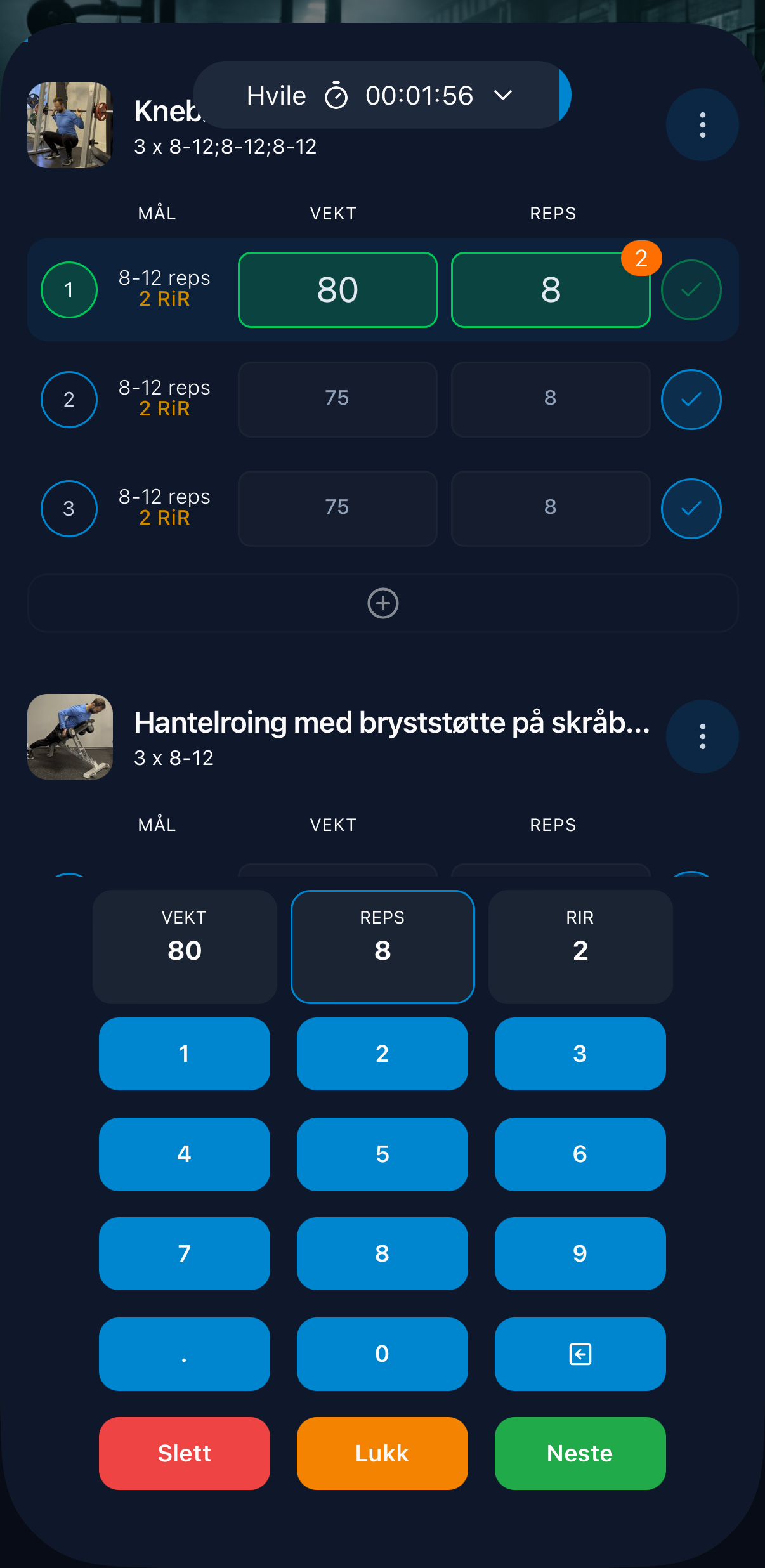 Legge inn vekt og reps